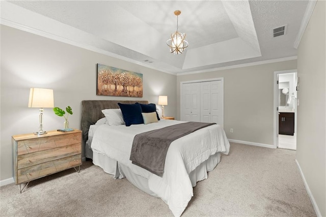 4504 Reva Way NE, Marietta, GA 30066 - bedroom featuring a raised ceiling, light colored carpet, ornamental molding, baseboards, and a closet