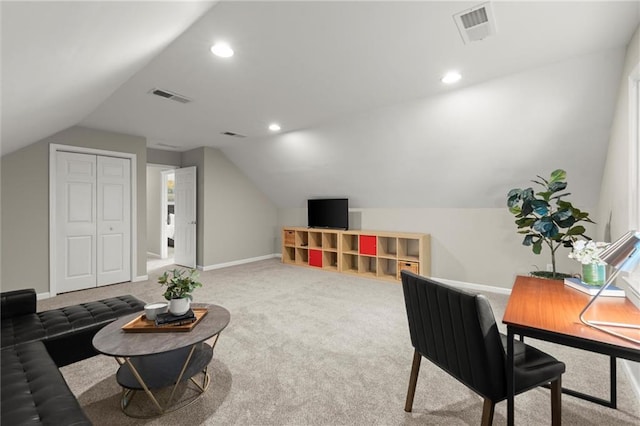 4504 Reva Way NE, Marietta, GA 30066 - carpeted living area with lofted ceiling, baseboards, and recessed lighting