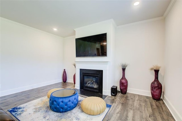 42 Citrine Way, Acworth, GA 30101 - living room with wood finished floors, a fireplace with flush hearth, ornamental molding, recessed lighting, and baseboards