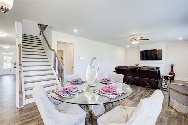 42 Citrine Way, Acworth, GA 30101 - dining area with wood finished floors, stairway, a ceiling fan, recessed lighting, and baseboards