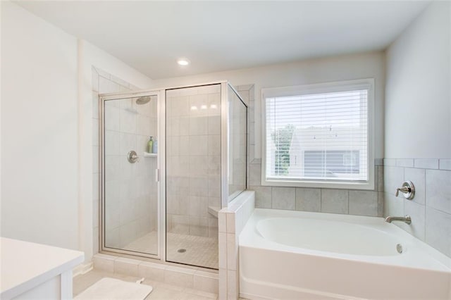 42 Citrine Way, Acworth, GA 30101 - full bathroom with a bath, a stall shower, vanity, and recessed lighting