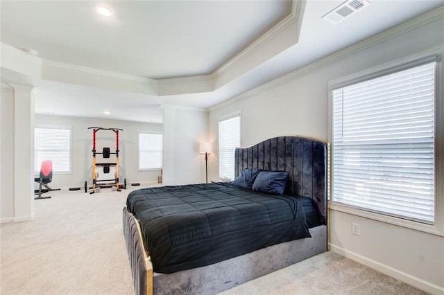 42 Citrine Way, Acworth, GA 30101 - carpeted bedroom with ornamental molding, a tray ceiling, baseboards, and recessed lighting