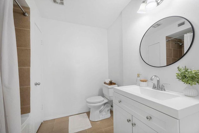 full bath with tile patterned flooring, visible vents, toilet, and vanity