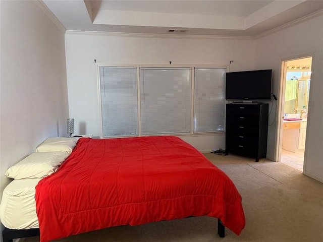 275 Rose Ivy Ct, Lawrenceville, GA 30043 - bedroom featuring carpet flooring, ensuite bathroom, crown molding, visible vents, and a tray ceiling