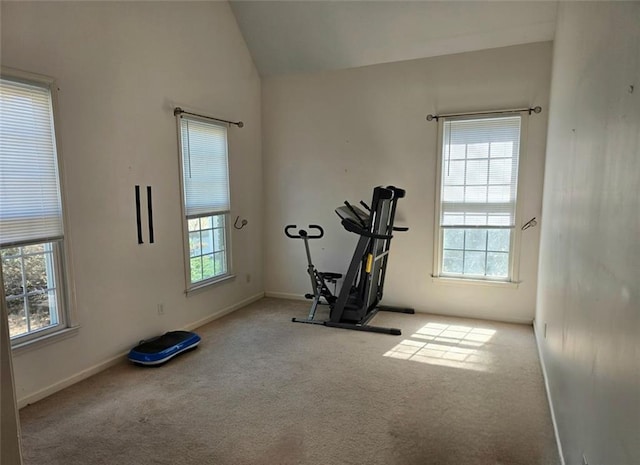 275 Rose Ivy Ct, Lawrenceville, GA 30043 - workout room featuring baseboards, lofted ceiling, and carpet floors