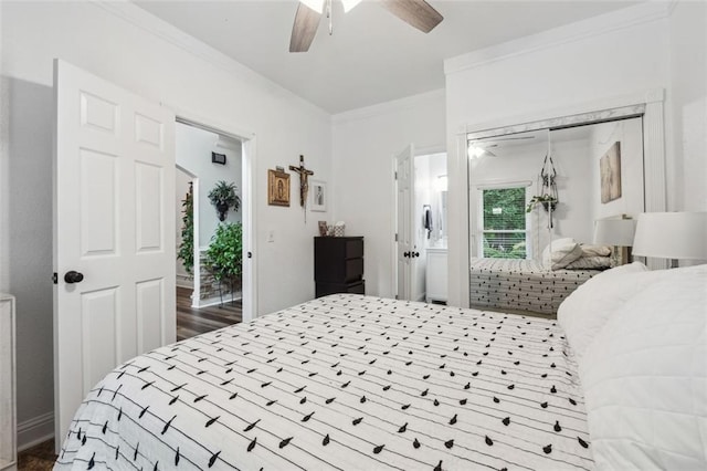 bedroom with access to exterior, ceiling fan, a closet, and ornamental molding