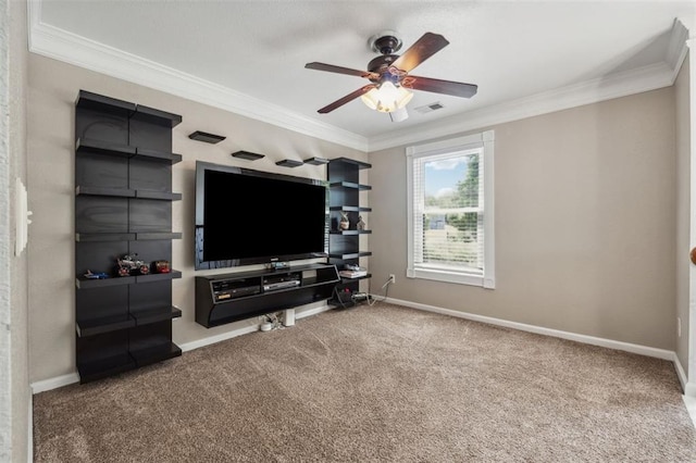 carpeted living room with crown molding and ceiling fan