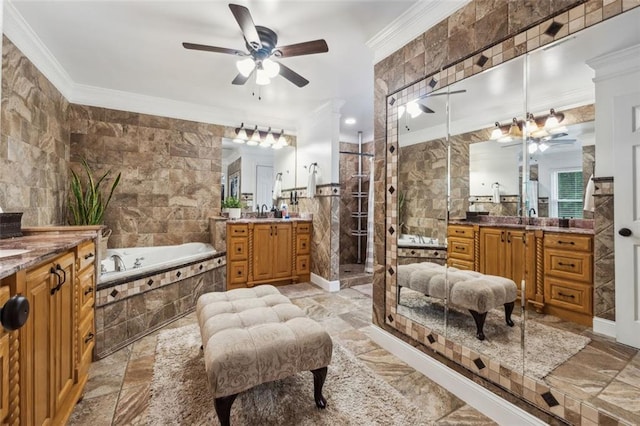 bathroom featuring vanity, crown molding, plus walk in shower, and ceiling fan