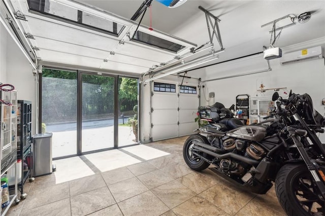 garage featuring a garage door opener and a wall mounted AC