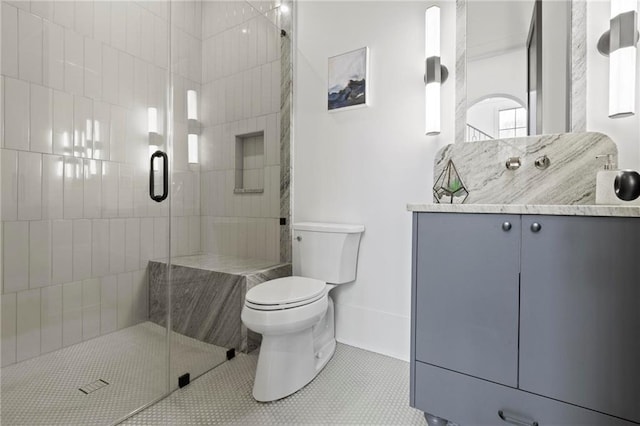 56 Pine St, Roswell, GA 30075 - full bath with toilet, a shower stall, vanity, and tile patterned floors