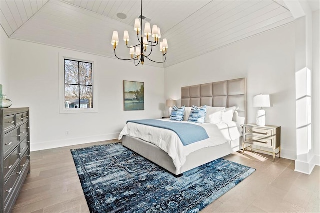 56 Pine St, Roswell, GA 30075 - bedroom featuring wood ceiling, a chandelier, baseboards, and wood finished floors