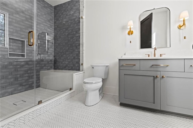 56 Pine St, Roswell, GA 30075 - full bathroom featuring toilet, a stall shower, vanity, and baseboards