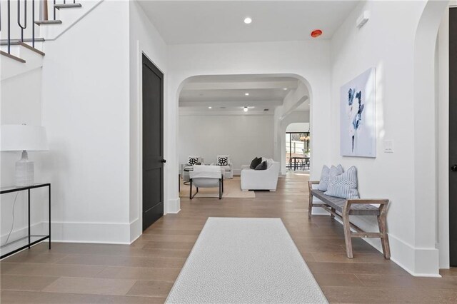 56 Pine St, Roswell, GA 30075 - corridor featuring arched walkways, wood finished floors, baseboards, and recessed lighting