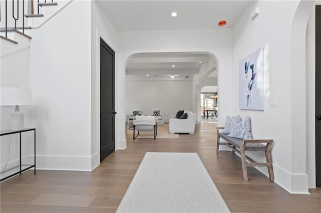 56 Pine St, Roswell, GA 30075 - hall with arched walkways, wood finished floors, and recessed lighting