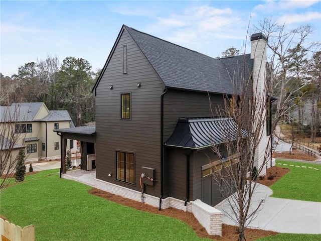 56 Pine St, Roswell, GA 30075 - back of house featuring a lawn, a chimney, a patio, and roof with shingles