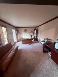 carpeted living room with ornamental molding