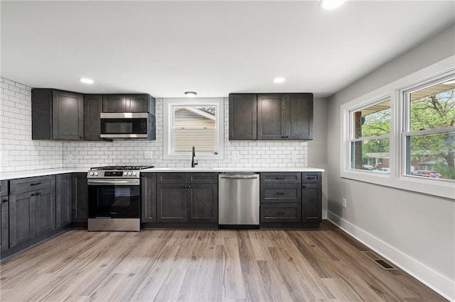 kitchen featuring baseboards, appliances with stainless steel finishes, light countertops, and decorative backsplash