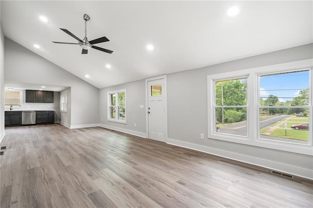 unfurnished living room with visible vents, baseboards, light wood-type flooring, recessed lighting, and a ceiling fan