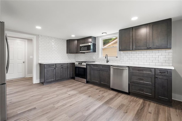 kitchen with light countertops, decorative backsplash, stainless steel appliances, and light wood-type flooring