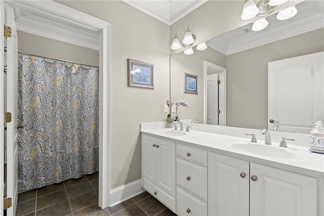 8730 Parker Pl, Roswell, GA 30076 - bathroom with double vanity, ornamental molding, tile patterned floors, and baseboards