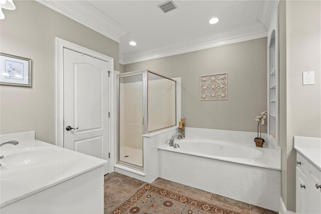8730 Parker Pl, Roswell, GA 30076 - bathroom with vanity, ornamental molding, a stall shower, a garden tub, and tile patterned flooring