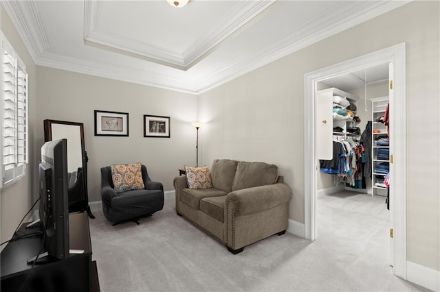 8730 Parker Pl, Roswell, GA 30076 - living room with light colored carpet, crown molding, attic access, a tray ceiling, and baseboards