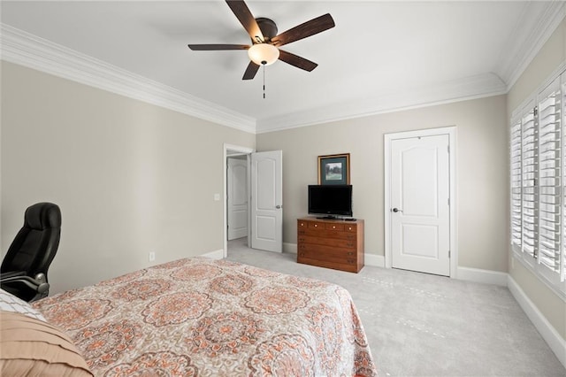 8730 Parker Pl, Roswell, GA 30076 - bedroom featuring crown molding, light colored carpet, ceiling fan, and baseboards