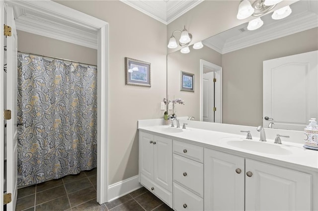 8730 Parker Pl, Roswell, GA 30076 - full bath featuring double vanity, ornamental molding, and tile patterned flooring