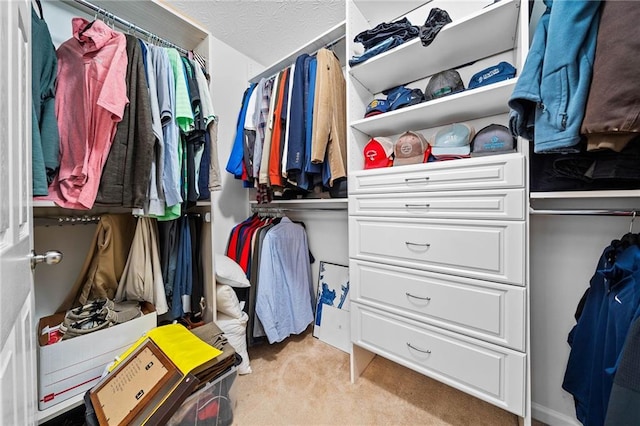 walk in closet featuring light carpet