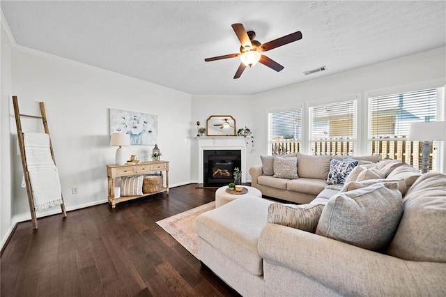 dining space featuring ornamental molding, dark wood-type flooring, a textured ceiling, visible vents, and wainscoting
