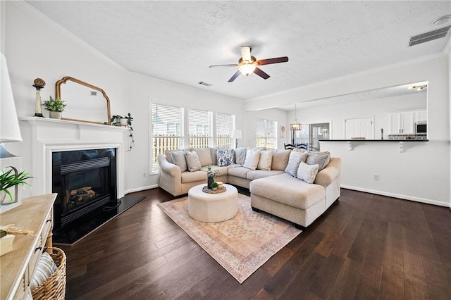 living area featuring dark wood-style floors, crown molding, ceiling fan, and a textured ceiling