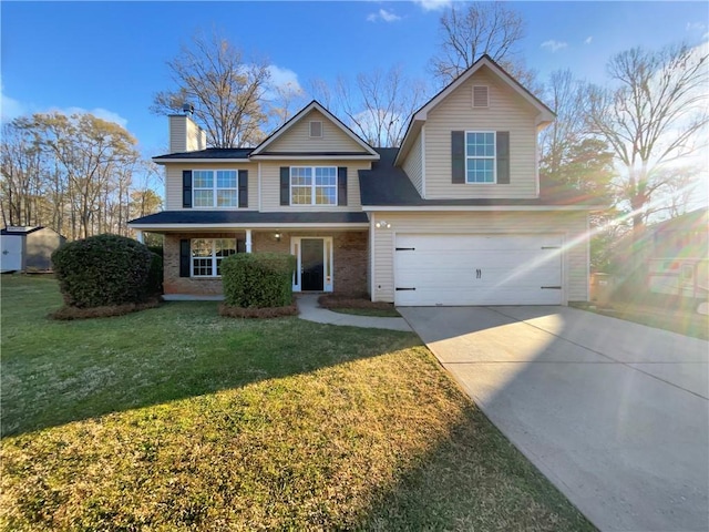 traditional home featuring a garage, a front yard, a chimney, brick siding, and concrete driveway