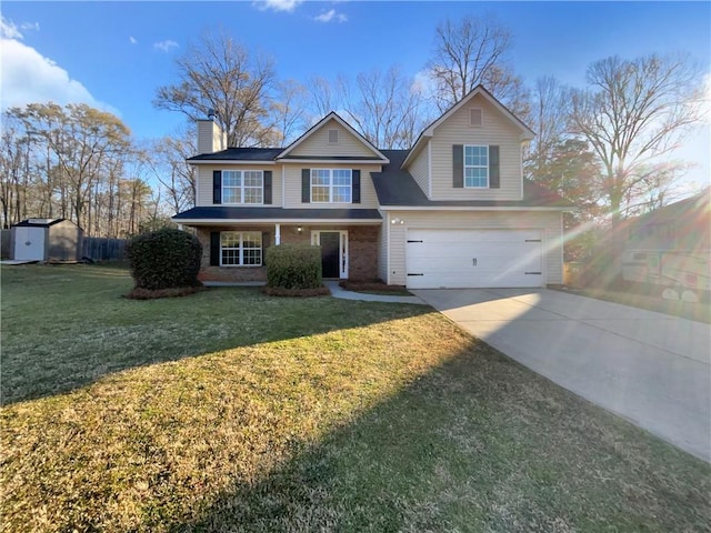 traditional home with driveway, a chimney, a storage shed, a garage, and brick siding