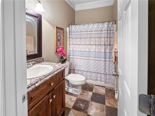 full bathroom featuring vanity, shower / bathtub combination with curtain, stone finish flooring, crown molding, and toilet