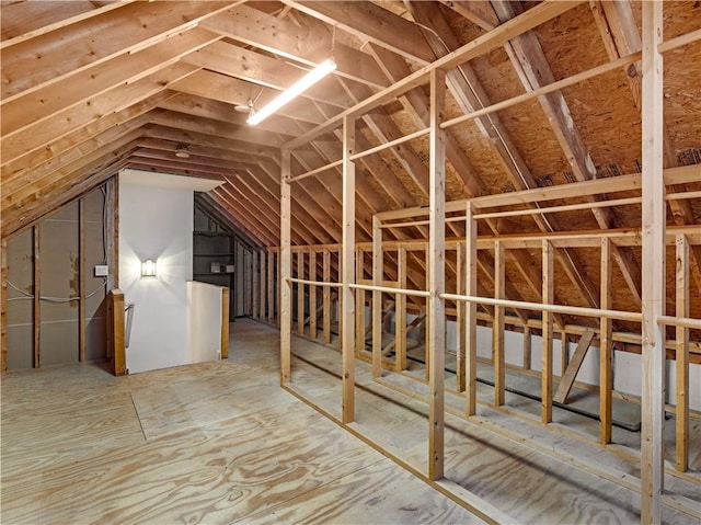 unfinished attic featuring an upstairs landing