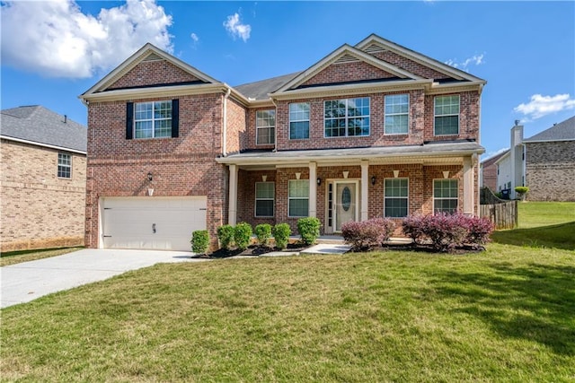 craftsman-style house with driveway, covered porch, a front yard, a garage, and brick siding