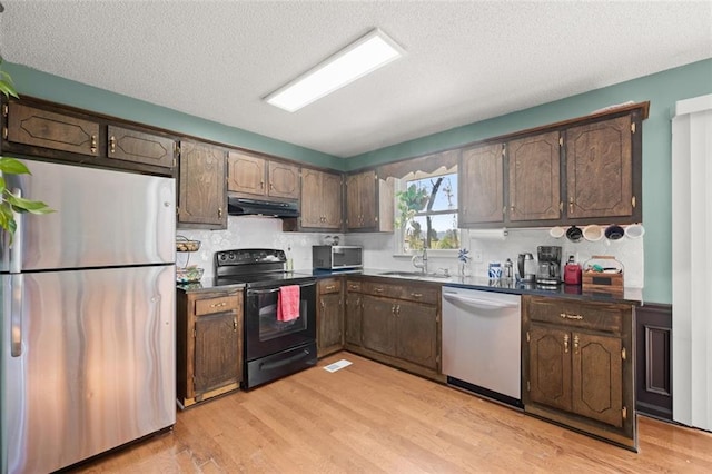 kitchen featuring light hardwood / wood-style floors, dark brown cabinetry, sink, and appliances with stainless steel finishes