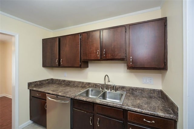 kitchen featuring stainless steel dishwasher, dark brown cabinetry, sink, and ornamental molding