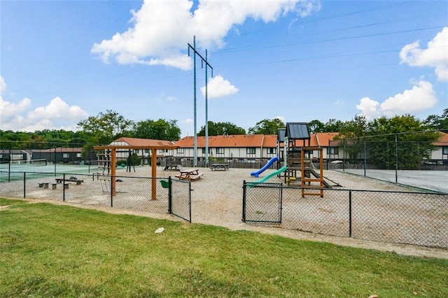 view of play area featuring a lawn