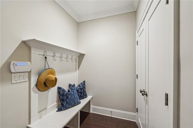 mudroom featuring crown molding and dark hardwood / wood-style floors