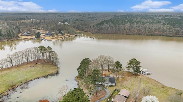 drone / aerial view with a water view and a wooded view