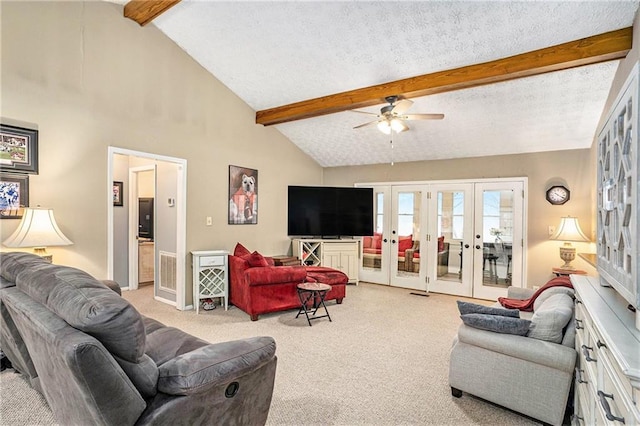 living area featuring light colored carpet, french doors, lofted ceiling with beams, and ceiling fan