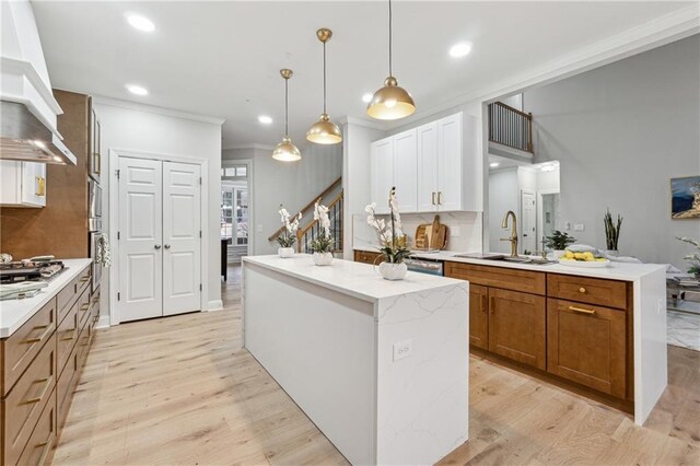 kitchen featuring hanging light fixtures, premium range hood, a kitchen island, and a sink