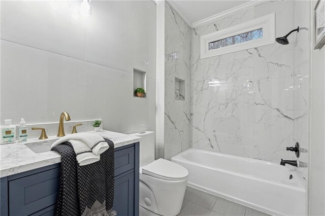 full bathroom featuring washtub / shower combination, toilet, and vanity