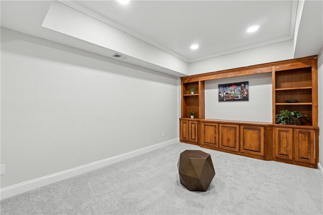 cinema room with light carpet, baseboards, ornamental molding, and recessed lighting