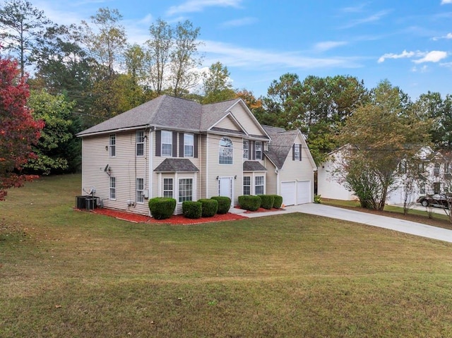 view of front of property featuring driveway, central AC, a front yard, a shingled roof, and a garage