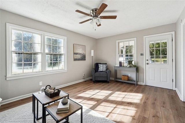 living area with a textured ceiling, ceiling fan, and wood-type flooring