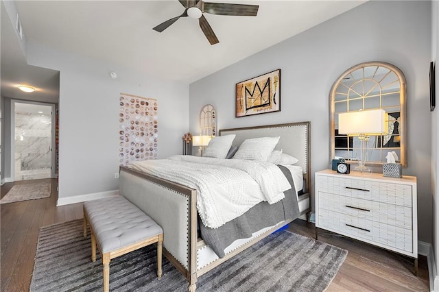 bedroom featuring ceiling fan and dark hardwood / wood-style floors