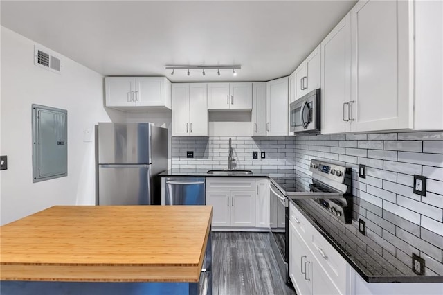 kitchen featuring sink, stainless steel appliances, dark wood-type flooring, electric panel, and white cabinets