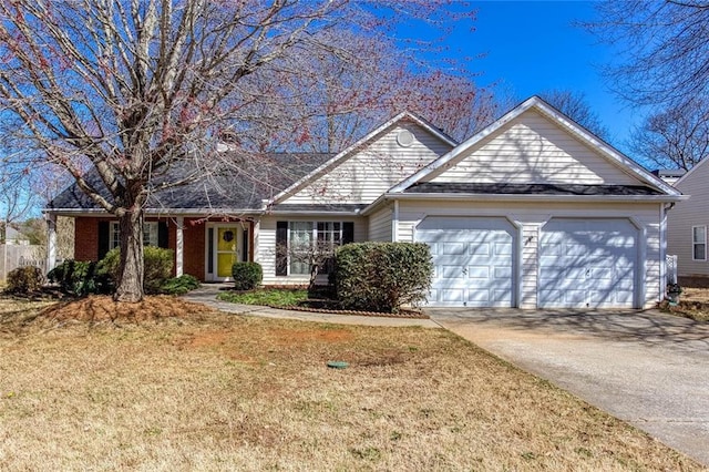 ranch-style home featuring driveway, a front lawn, and a garage